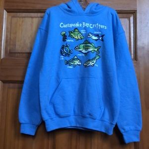 Tilghman Island MD Kids Medium Blue Fish Hoodie Chesapeake Bay Critters EUC